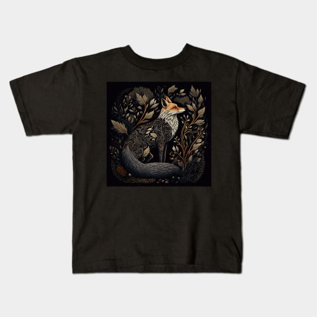 Thoughtful Folksy Fox With Fauna Kids T-Shirt by All Folked Up